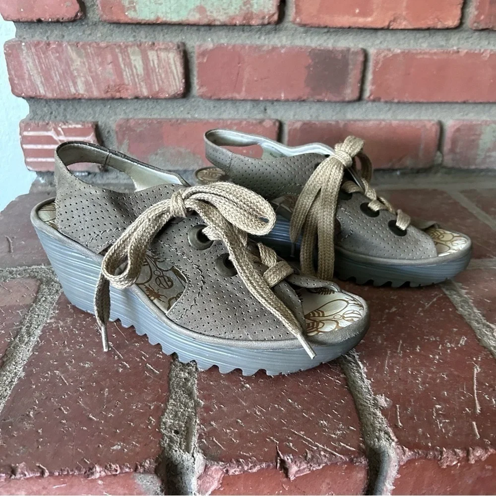 FLY London Luna Perforated Suede Lace-Up Wedge Sandals Sz 8/8.5